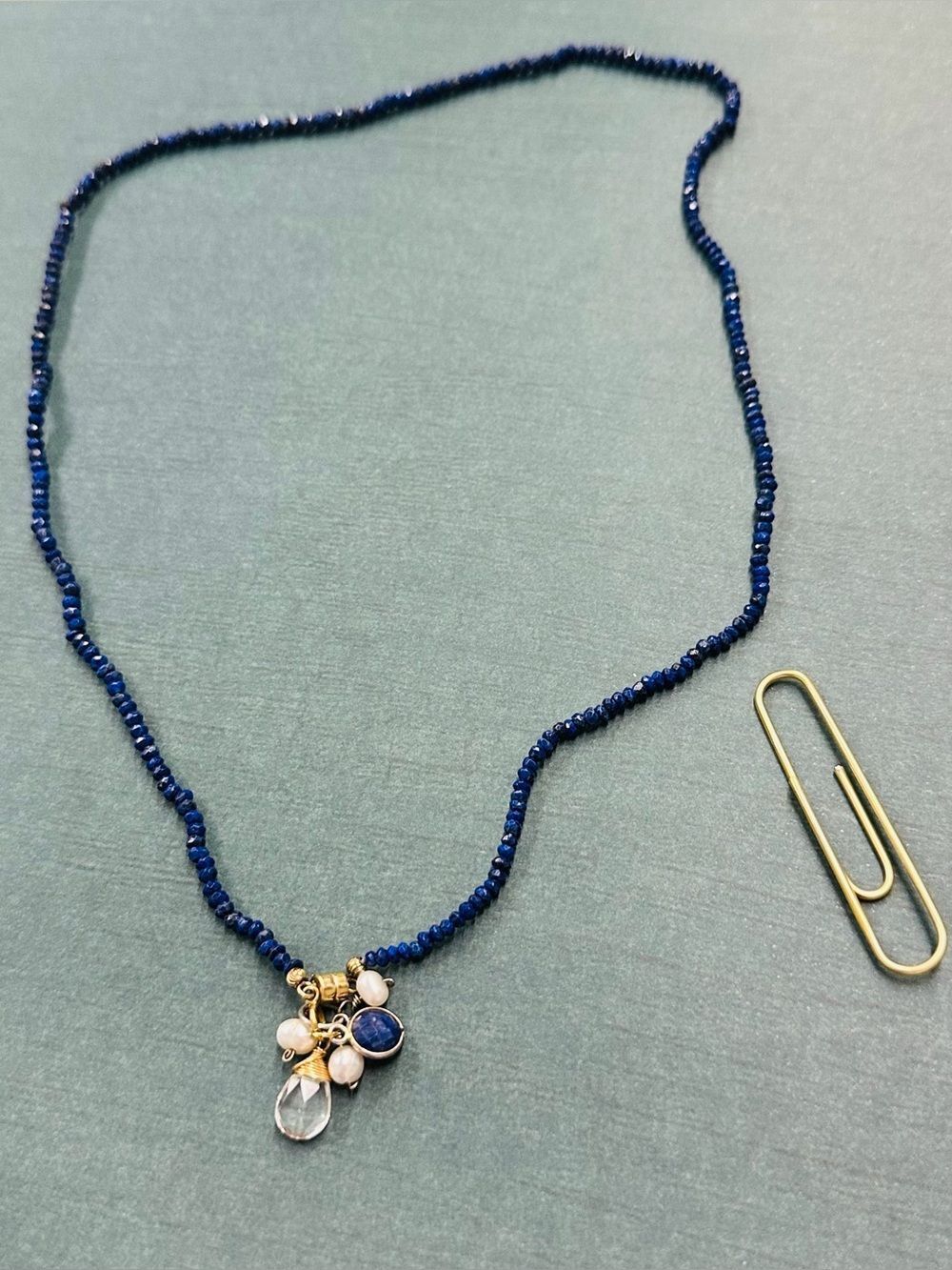 Gold Blue Seed Bead Crystal Genuine Pearl Charm Necklace B10